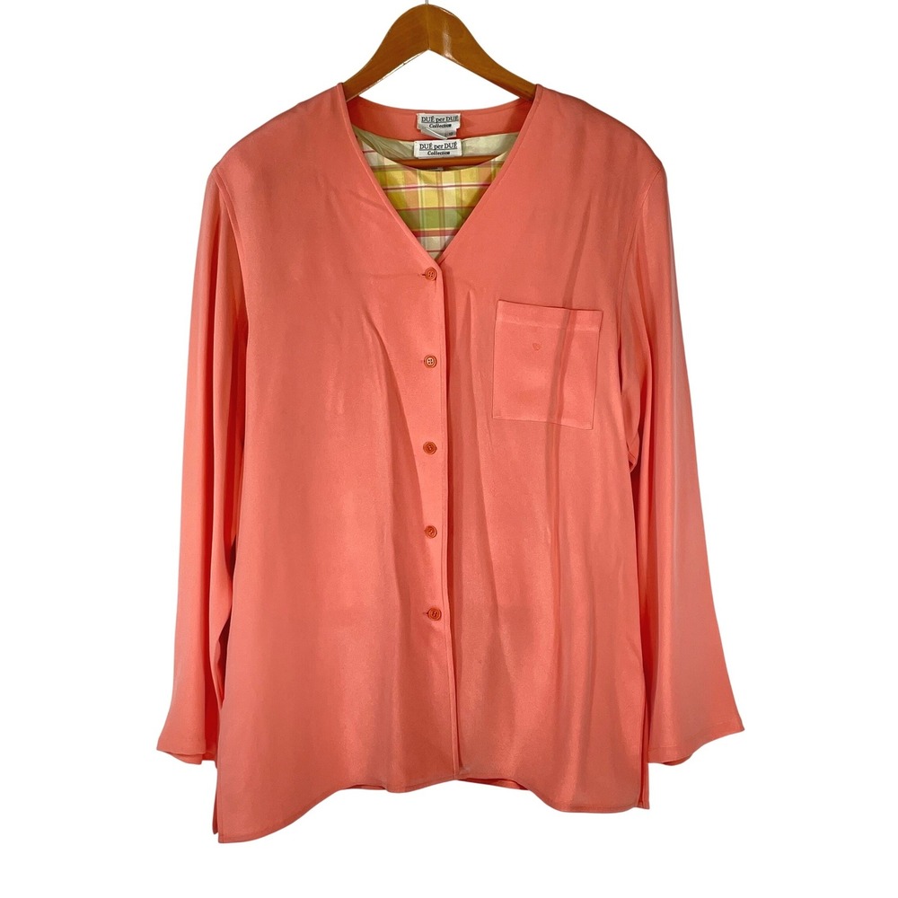 DUE per DUE Women 2pc Set 12 Silk‎ Blouse Tank Coral Pink Plaid Vintage
